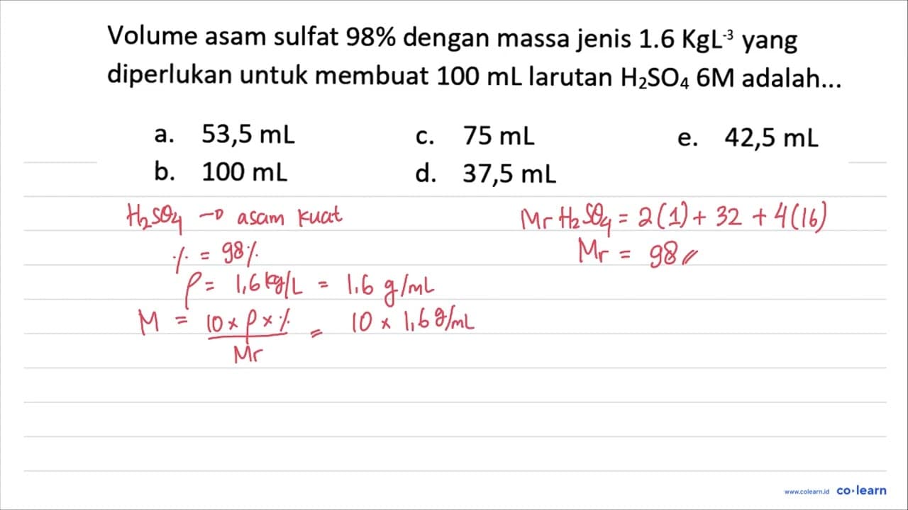 Volume asam sulfat 98 % dengan massa jenis 1.6 KgL^(-3)