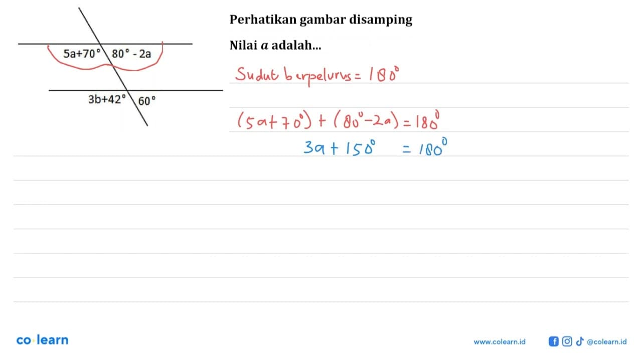 Perhatikan gambar disamping5a+70 80-2a 3b+42 60Nilai a