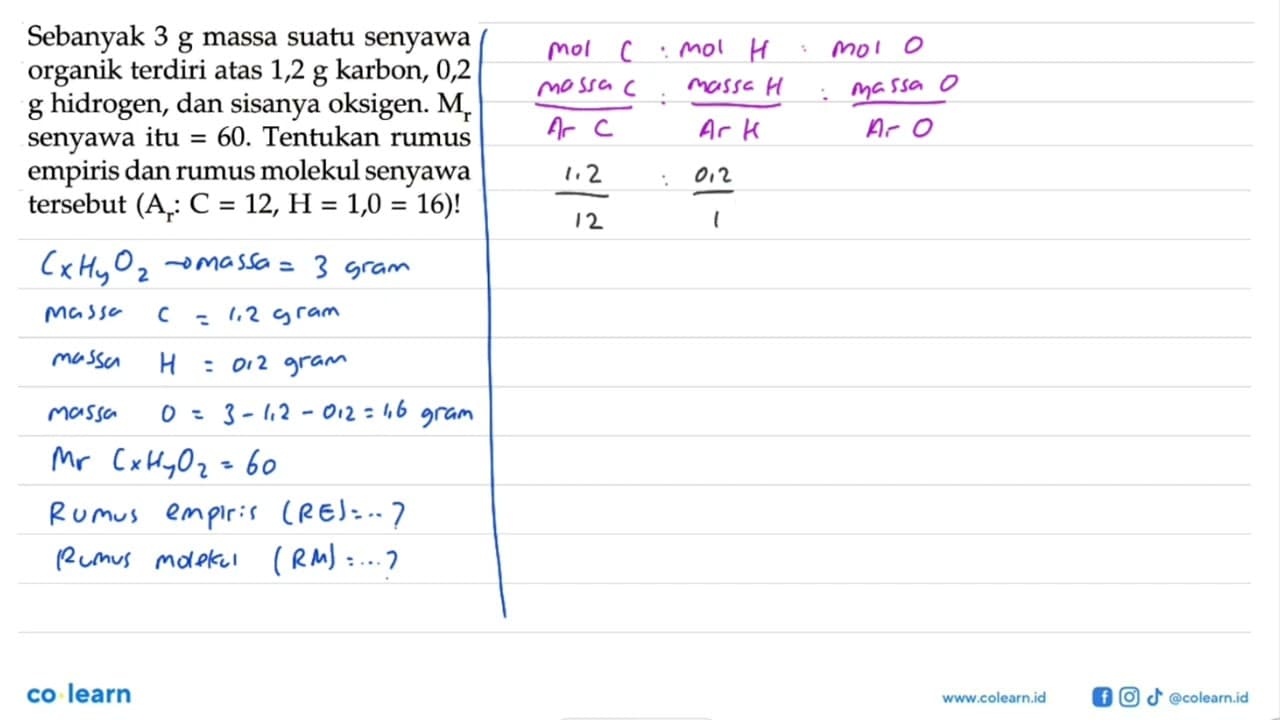 Sebanyak 3 g massa suatu senyawa organik terdiri atas 1,2 g