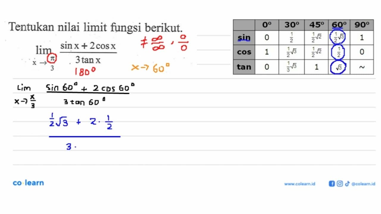 Tentukan nilai limit fungsi berikut. limit x->pi/3 (sin