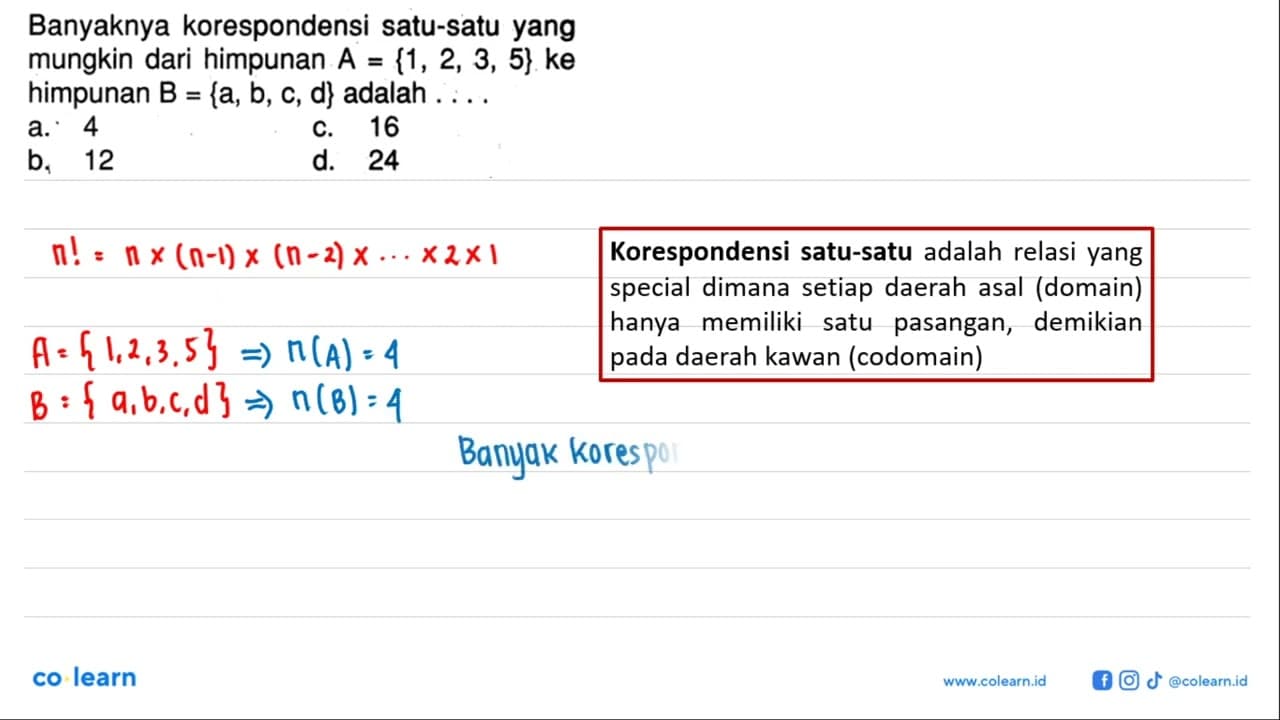 Banyaknya korespondensi satu-satu yang mungkin dari