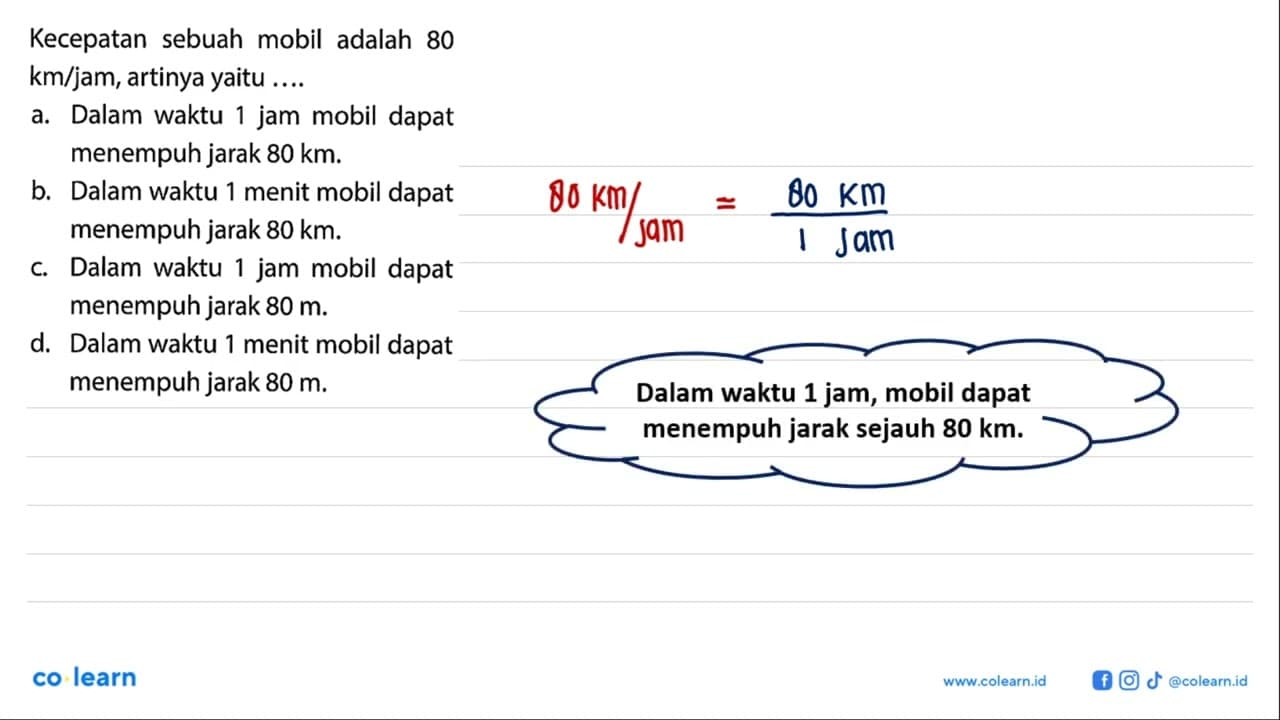 Kecepatan sebuah mobil adalah 80 km/jam, artinya yaitu...