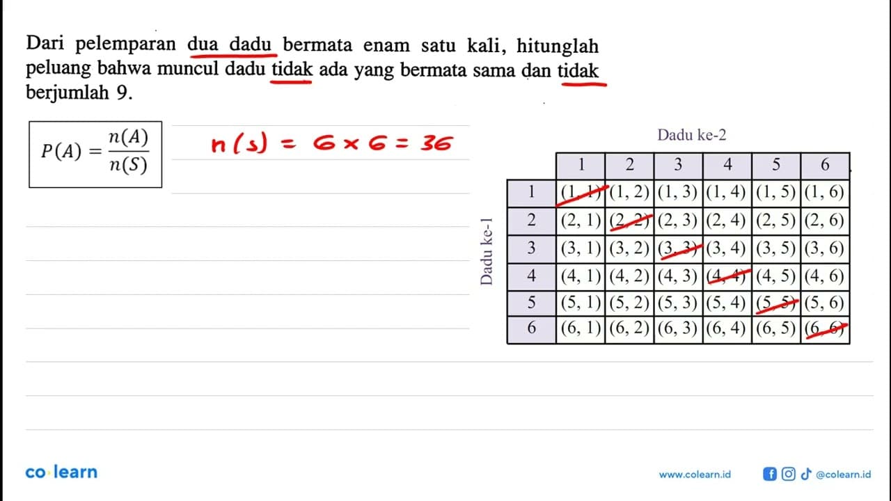 Dari pelemparan dua dadu bermata enam satu kali, hitunglah