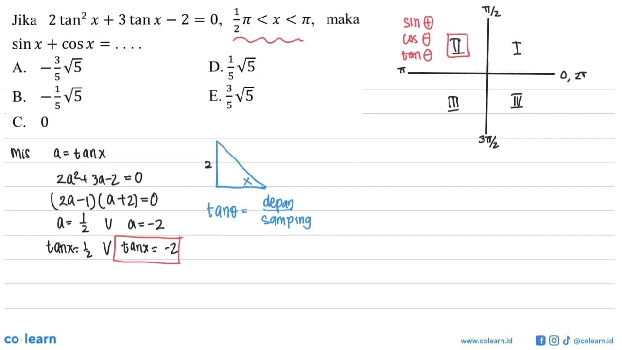 Jika 2tan^2 x+3tanx-2=0, 1/2pi<x<pi, maka sin x+cos x= ...