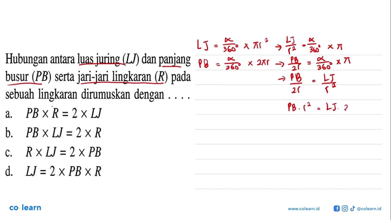 Hubungan antara luas juring (LJ) dan panjang busur (PB)