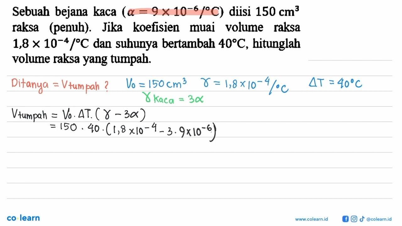 Sebuah bejana kaca (alpha = 9 x 10^(-6)/ C) diisi 150 cm^3