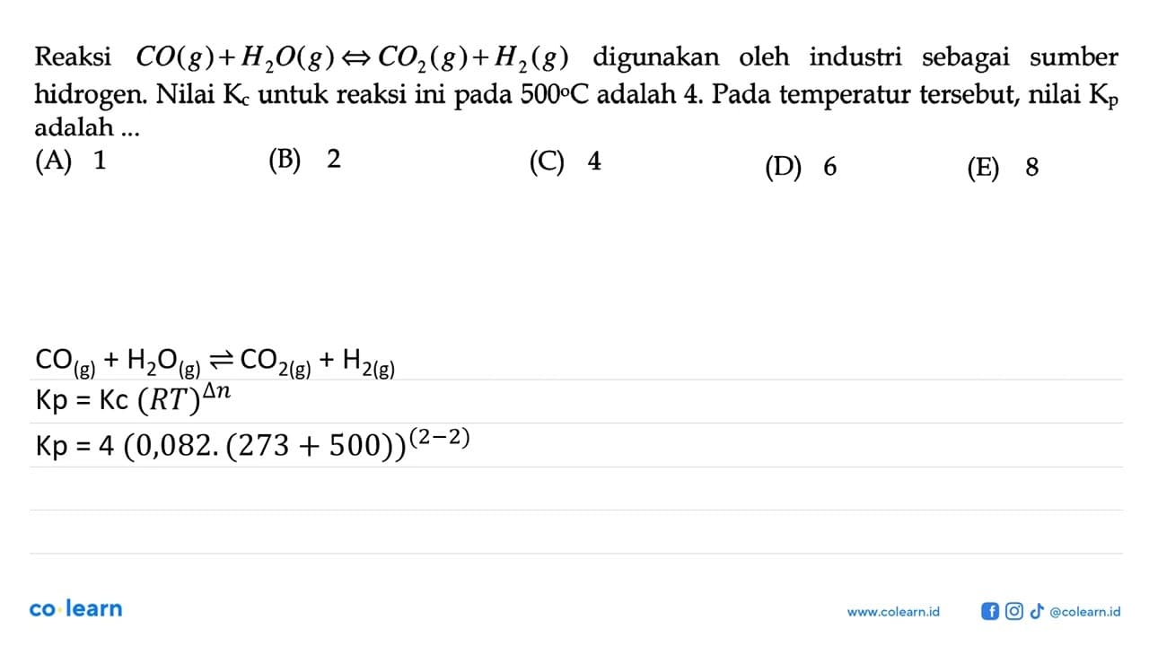 Reaksi CO(g) + H2O(g) <=> CO2(g) + H2(g) digunakan oleh