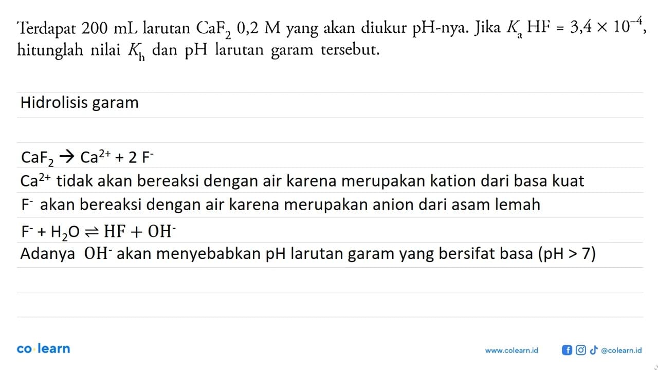 Terdapat 200 mL larutan CaF2 0,2 M yang akan diukur pH-nya.