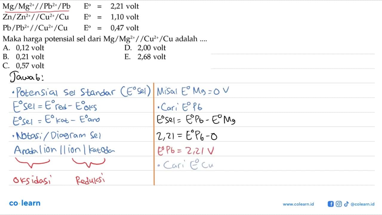 Mg/ Mg^(2+)//Pb^(2+)/Pb E = 2,21 volt Zn/ Zn^(2+)