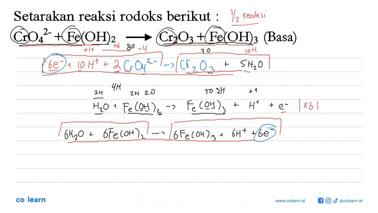 Setarakan reaksi rodoks berikut : CrO4^(2-) + Fe(OH)2 ->