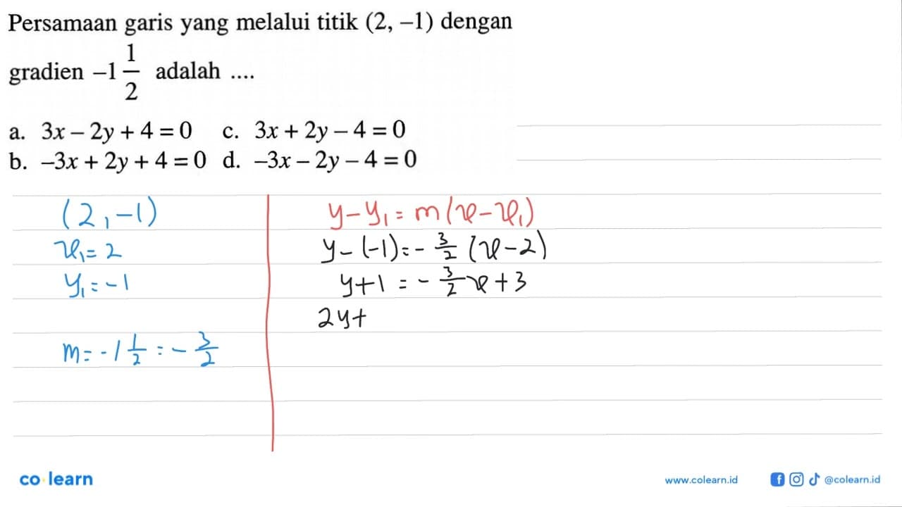 Persamaan garis yang melalui titik (2, -1) dengan 1 gradien