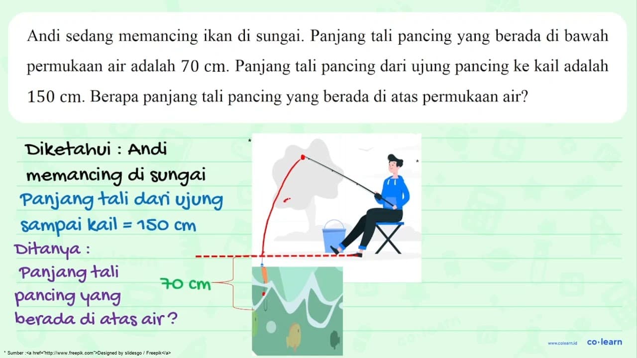 Andi sedang memancing ikan di sungai. Panjang tali pancing