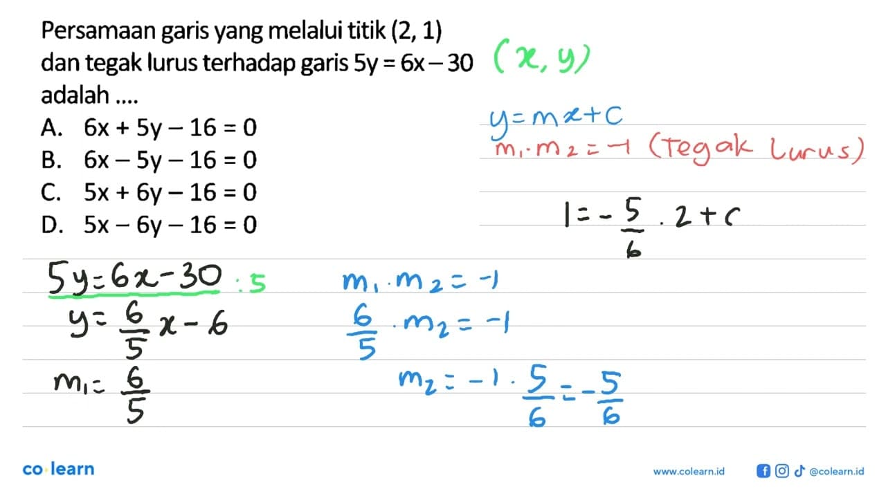 Persamaan garis yang melalui titik (2,1) dan tegak lurus