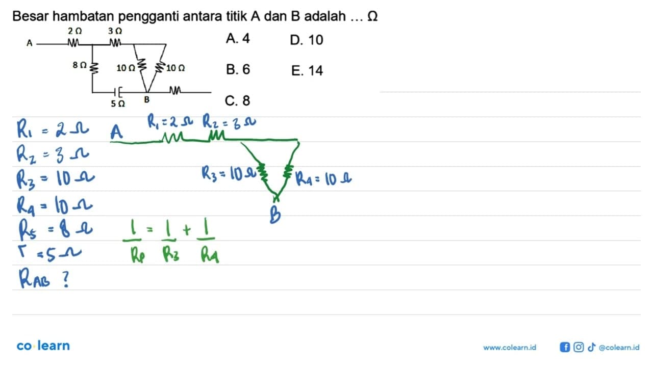 Besar hambatan pengganti antara titik A dan B adalah ...