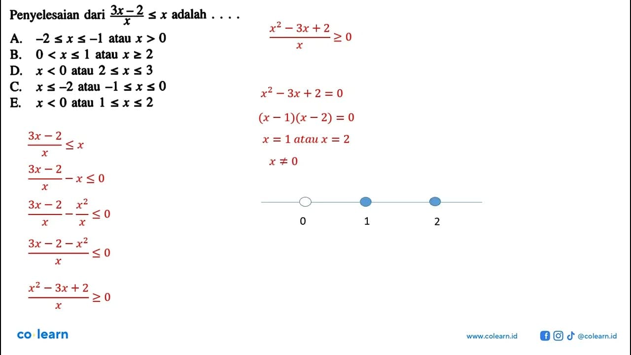 Penyelesaian dari (3x - 2) / x <= x adalah... A. -2 <=x <=