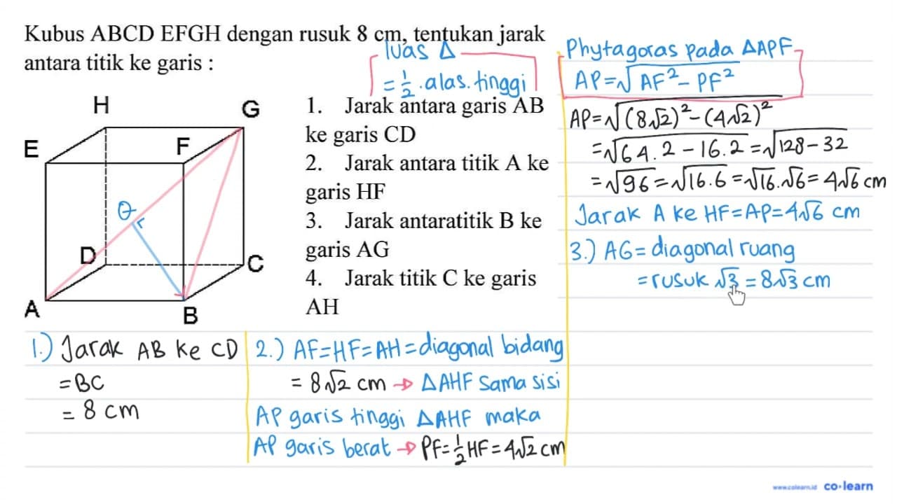 Kubus ABCD EFGH dengan rusuk 8 cm , tentukan jarak antara