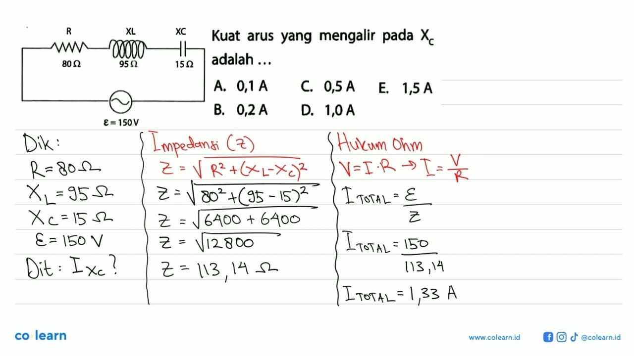 Kuat arus yang mengalir pada X C adalah .... R 80 ohm XL 95