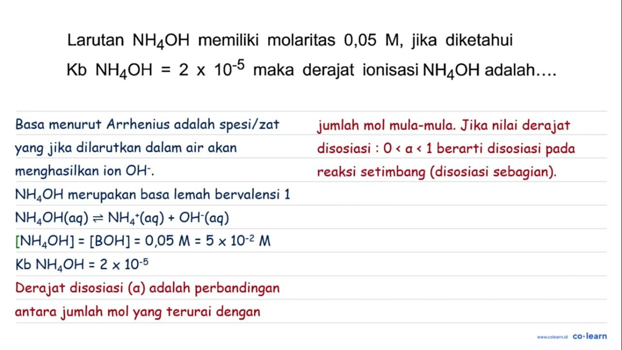 Larutan NH4 OH memiliki molaritas 0,05 M, jika diketahui Kb