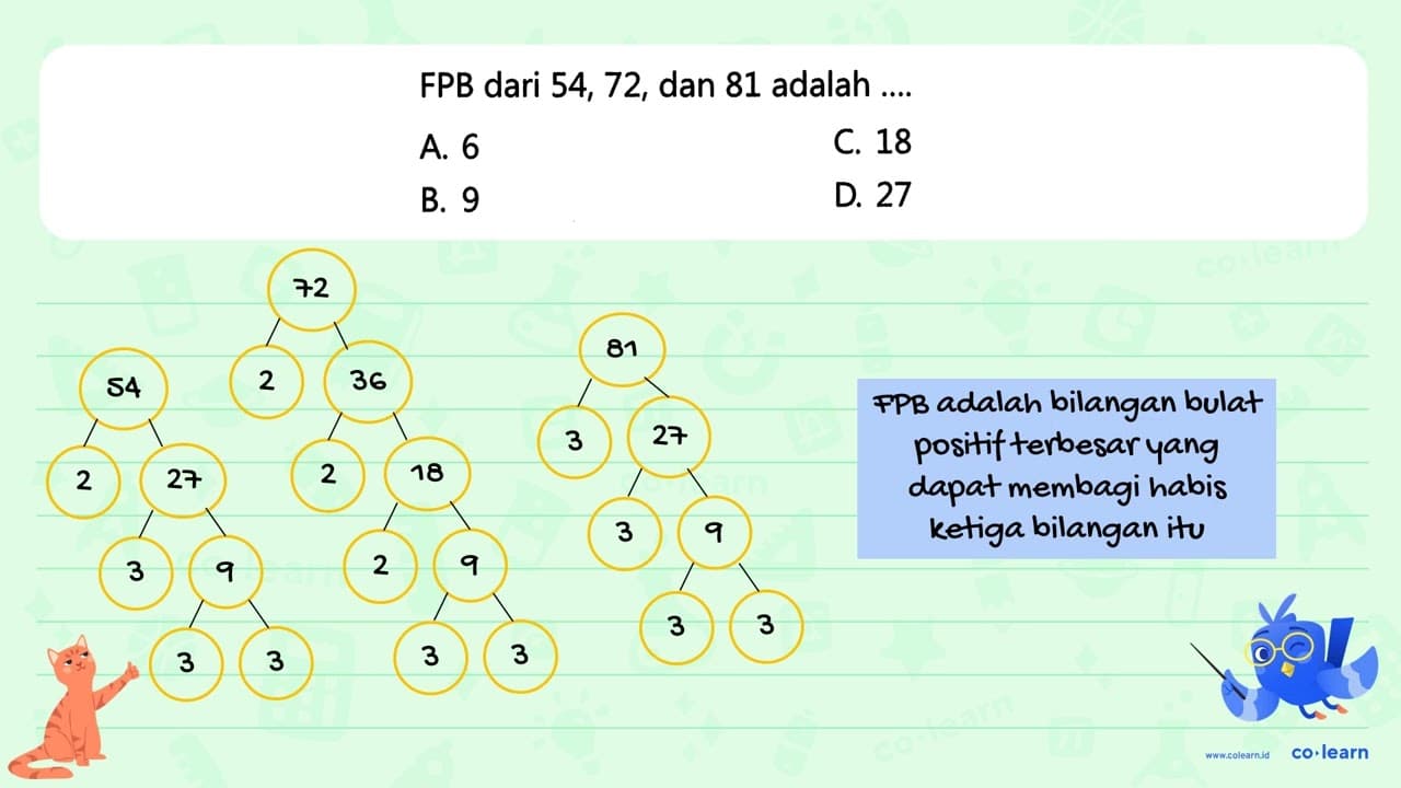 FPB dari 54, 72, dan 81 adalah C 18 A 6 D. 27 B. 9