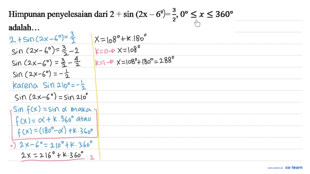 Himpunan penyelesaian dari 2+sin (2 x-6)=(3)/(2), 0 <= x <=