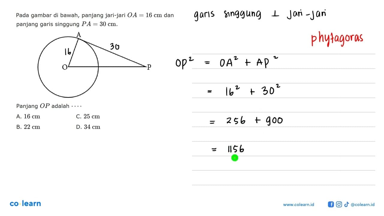 Pada gambar di bawah, panjang jari-jari OA=16 cm dan