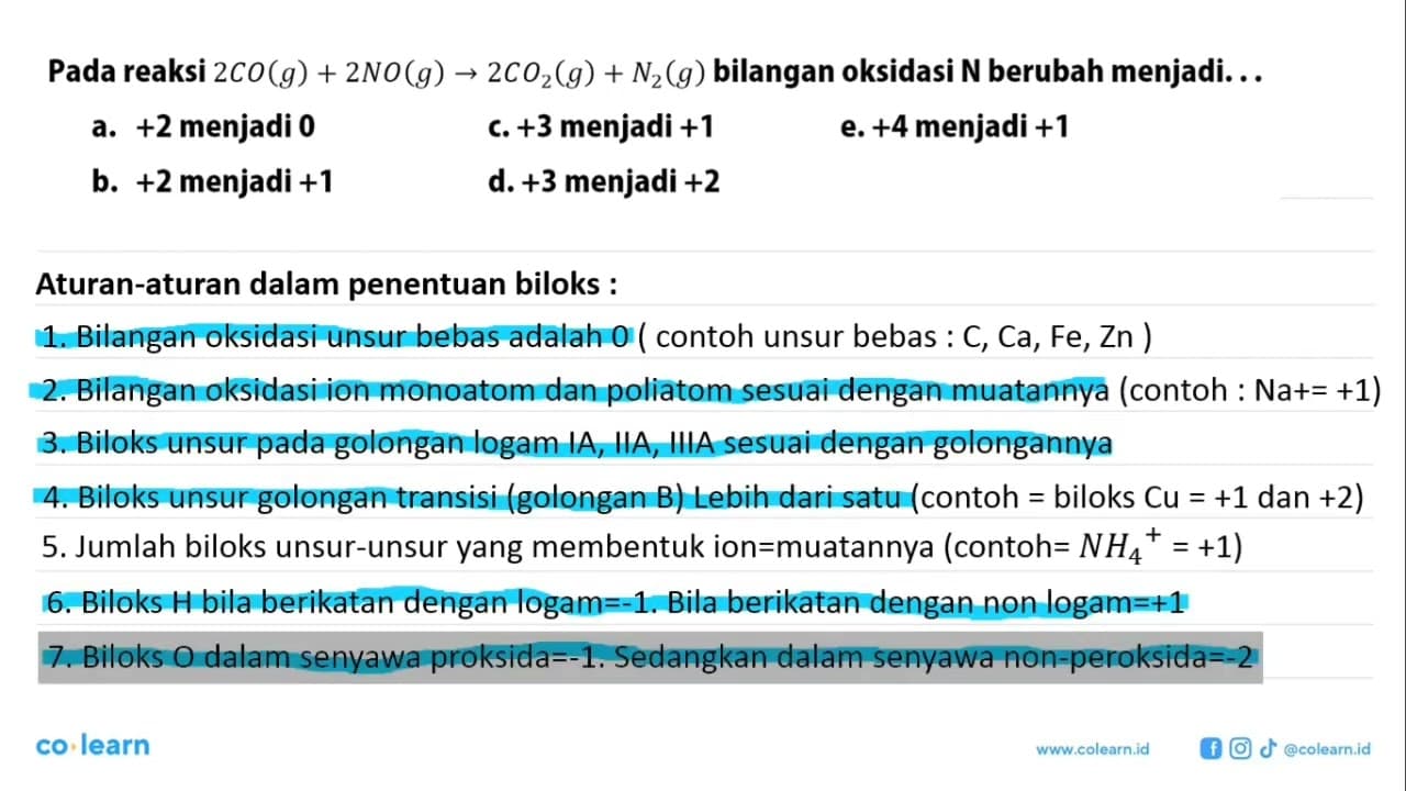 Pada reaksi 2CO(g)+2NO(g) -> 2CO2(g)+N2(g) bilangan