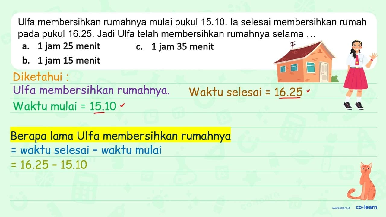 Ulfa membersihkan rumahnya mulai pukul 15.10. la selesai