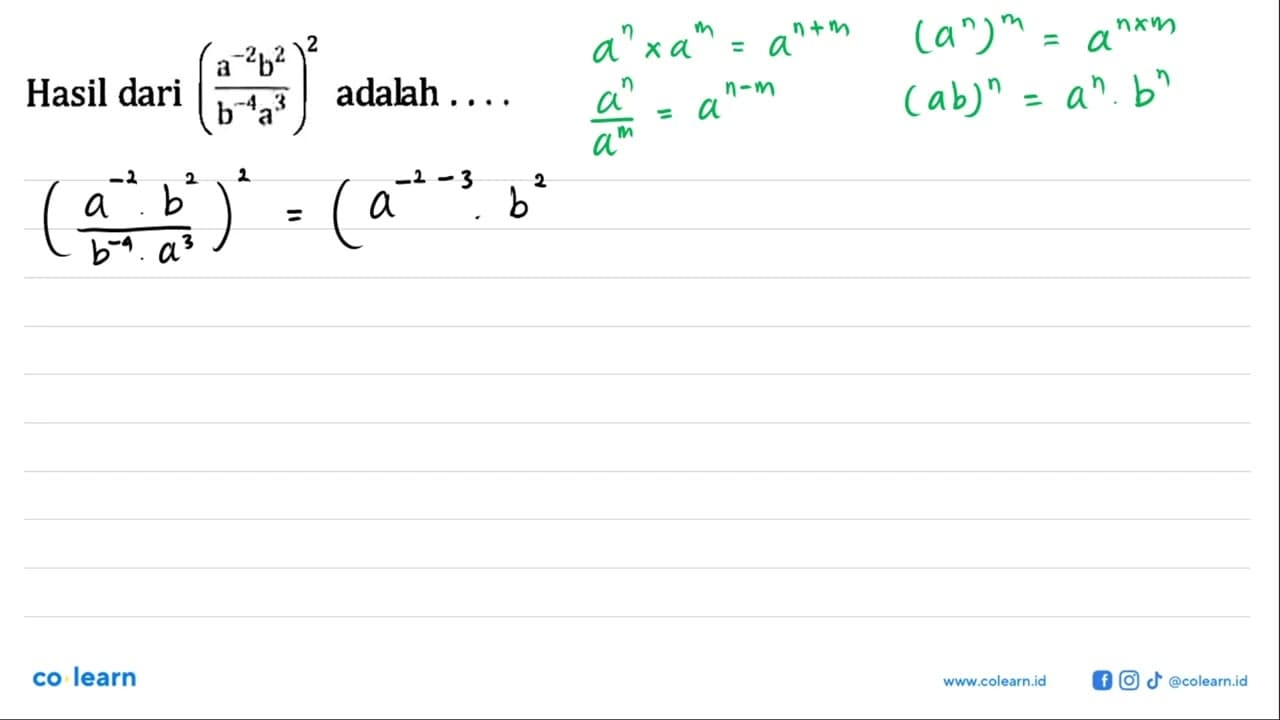 Hasil dari (a^(-2) b^2 / b^(-4) a^3)^2 adalah....