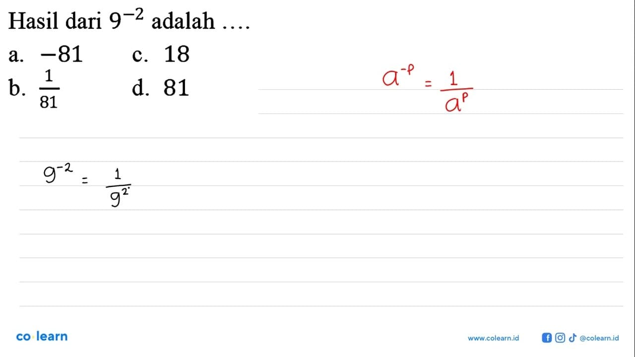 Hasil dari 9^-2 adalah