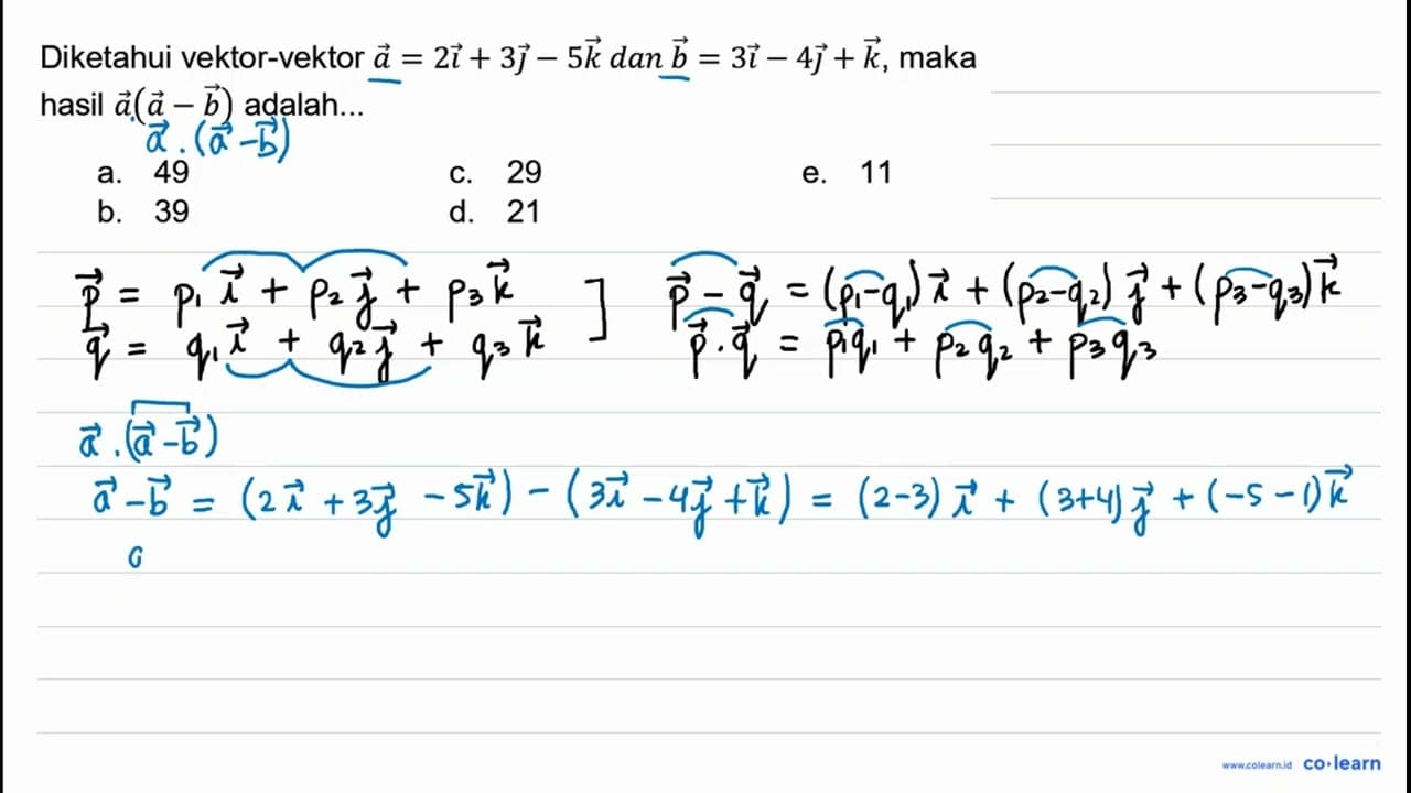 Diketahui vektor-vektor vektor a=2 i+3 j-5 k dan vektor b=3