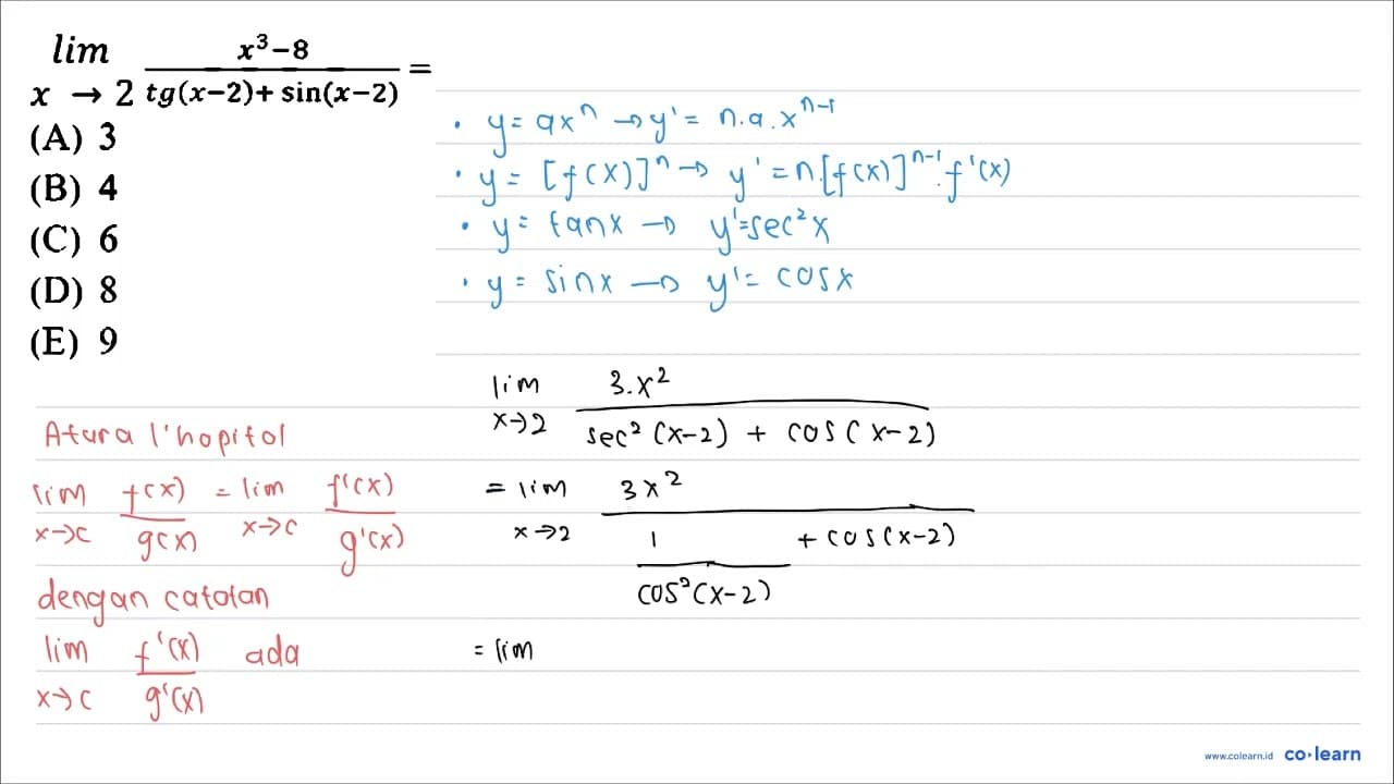 lim _(x -> 2) (x^(3)-8)/(tg(x-2)+sin (x-2))=