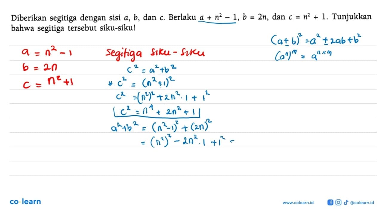 Diberikan segitiga dengan sisi a, b , dan c . Berlaku