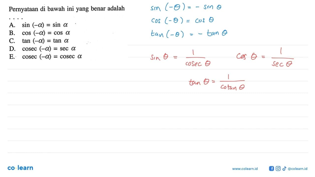 Pernyataan di bawah ini yang benar adalahA. sin(-alpha)=sin