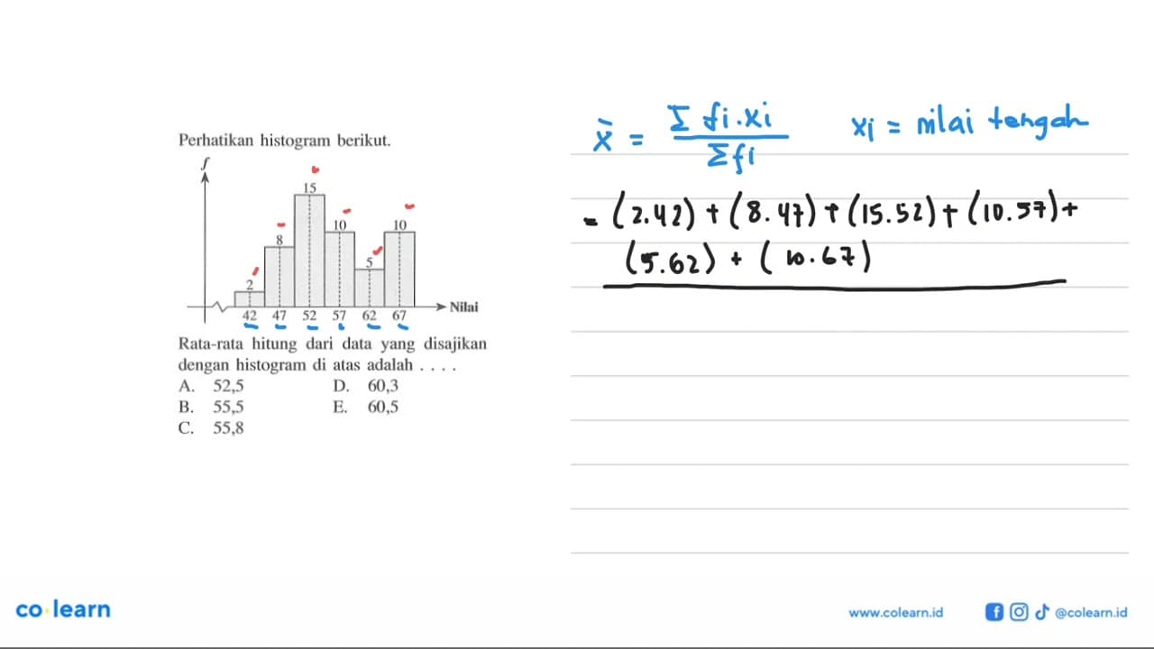 Perhatikan histogram berikut. 2 8 15 10 5 10 Rata-rata