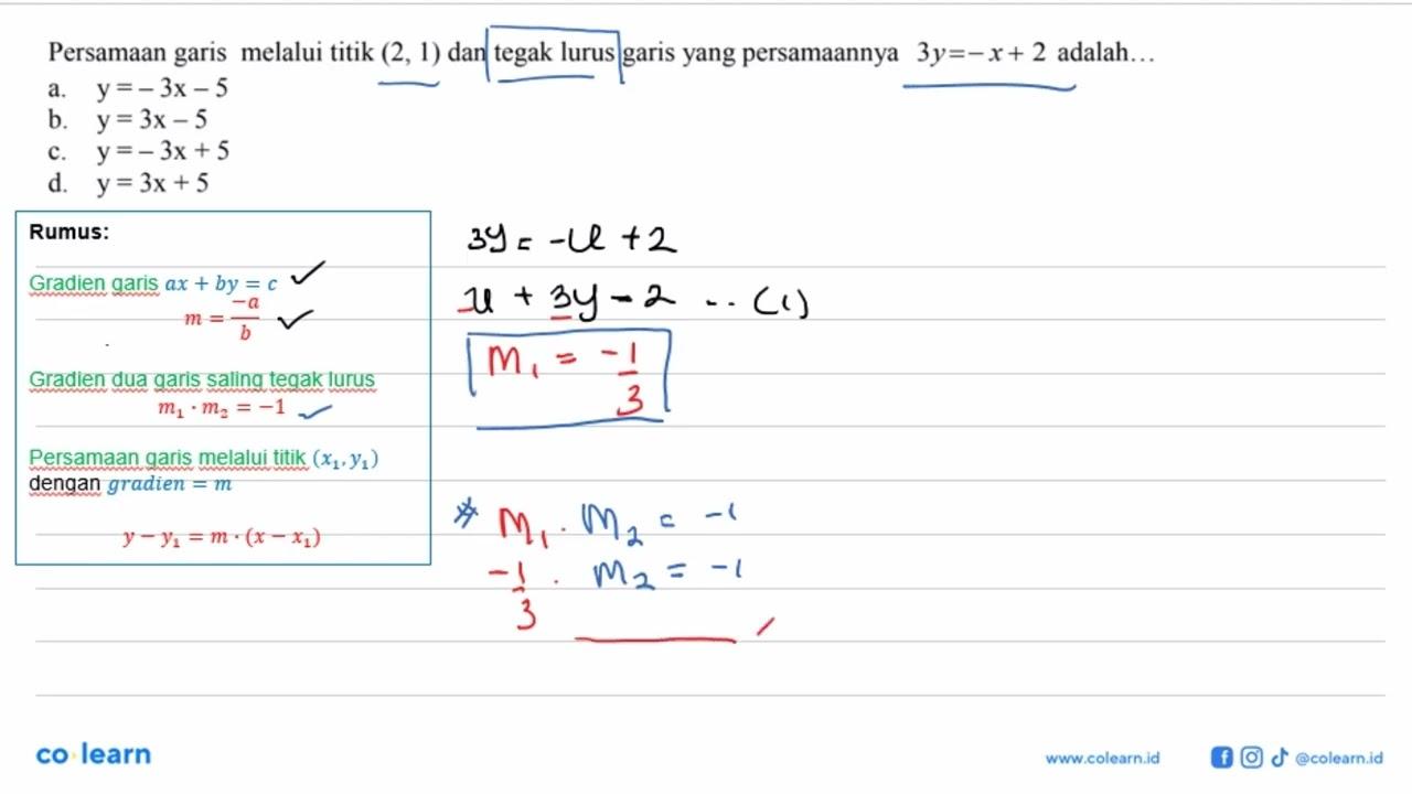 Persamaan garis melalui titik (2, 1) dan tegak lurus garis