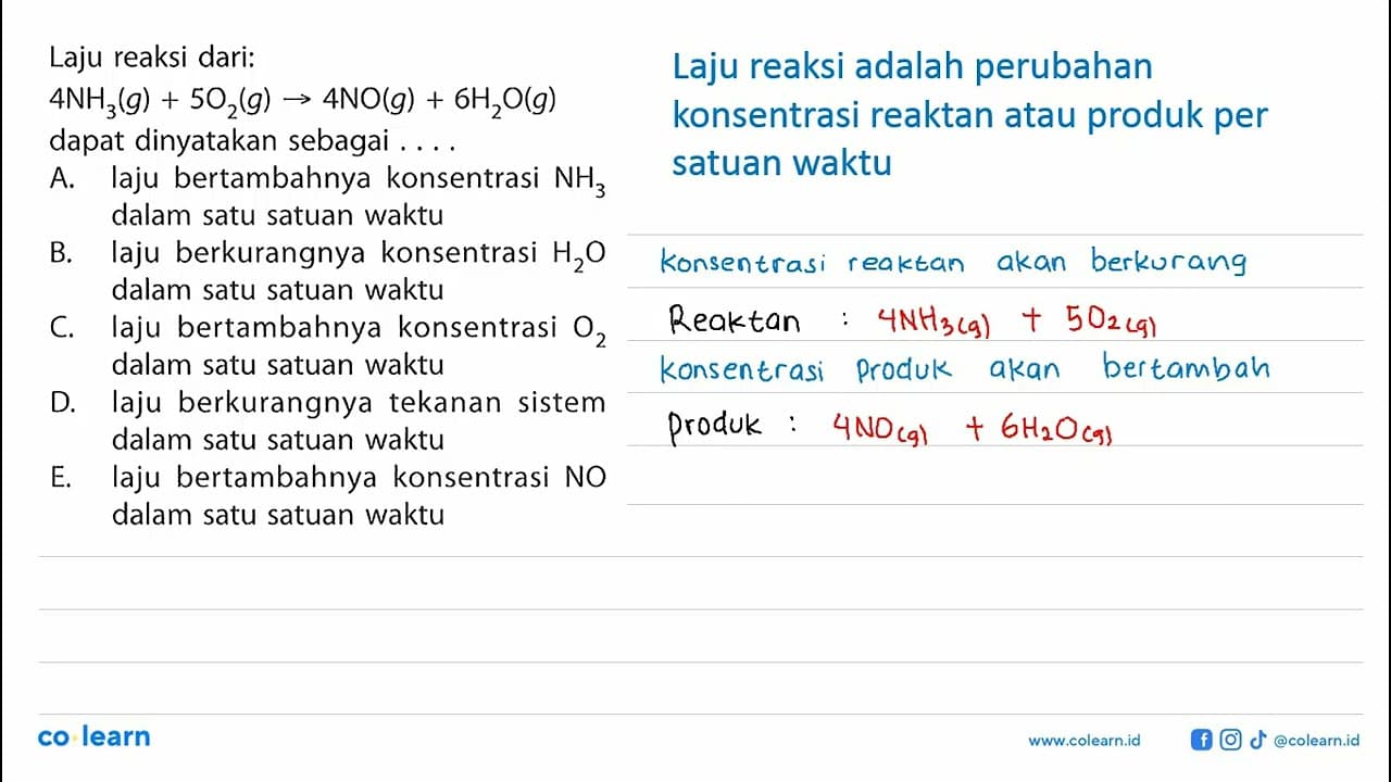 Laju reaksi dari: 4NH3(g)+5O2(g) -> 4NO(g)+6 H2O(g) dapat