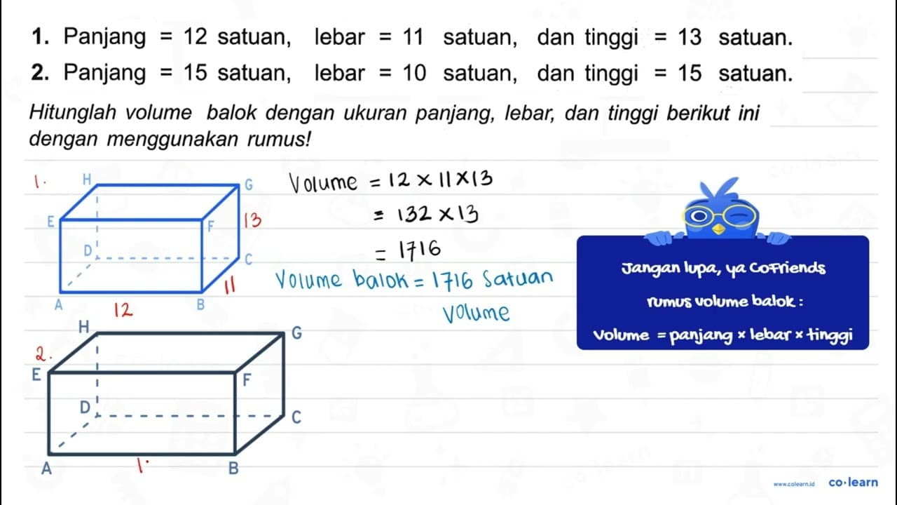 Panjang 12 satuan, lebar 1. 11 satuan, dan tinggi 13