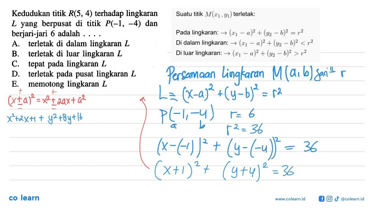 Kedudukan titik R(5,4) terhadap lingkaran L yang berpusat