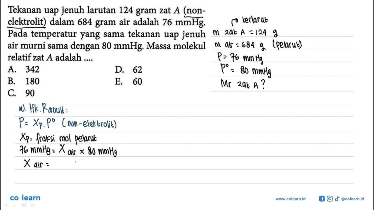 Tekanan uap jenuh larutan 124 gram zat A (non-elektrolit)