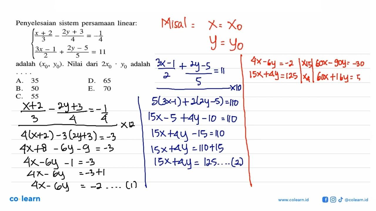 Penyelesaian sistem persamaan linear: (x+2)/3-(2y+3)/4=-/14