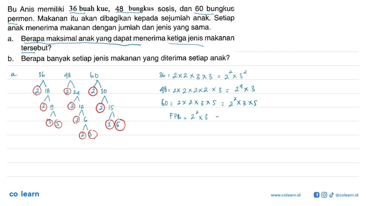 Bu Anis memiliki 36 buah kue, 48 bungkus sosis, dan 60