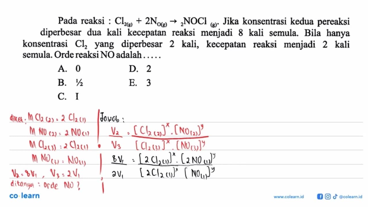 Pada reaksi : Cl2(g) + 2NOg(g) -> 2NOCl(g) . Jika