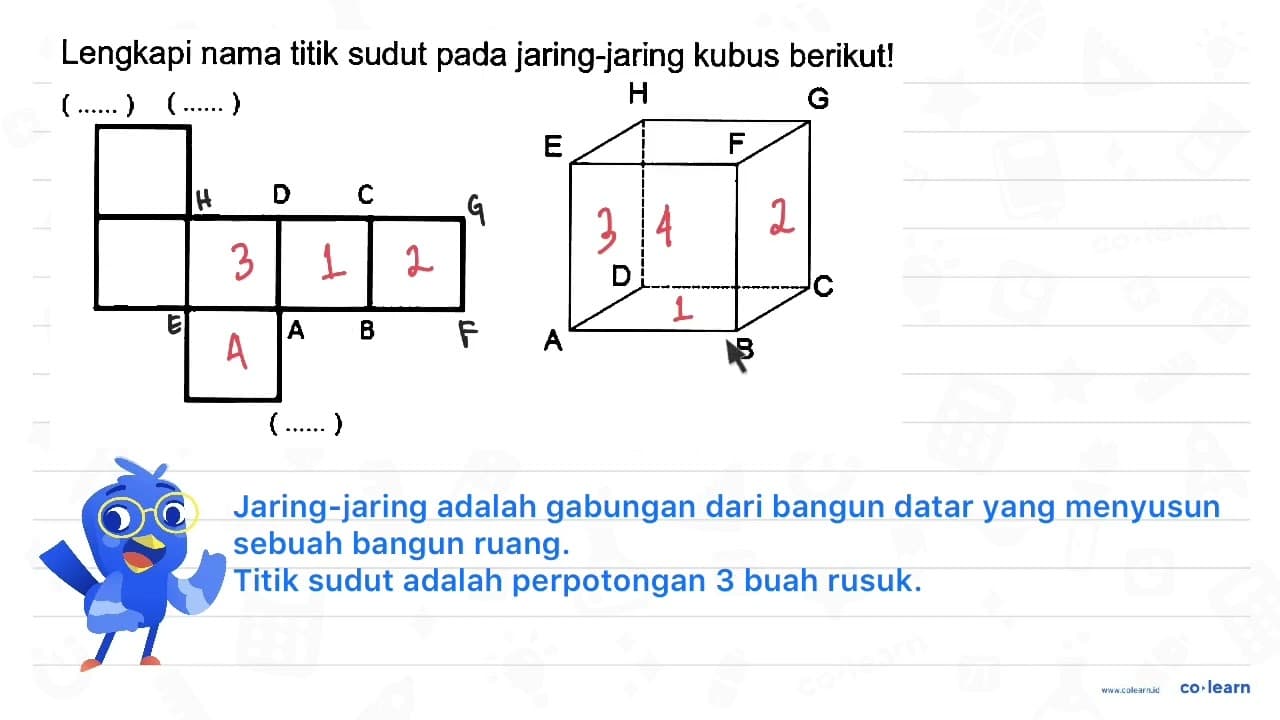 Lengkapi nama titik sudut pada jaring-jaring kubus berikut!