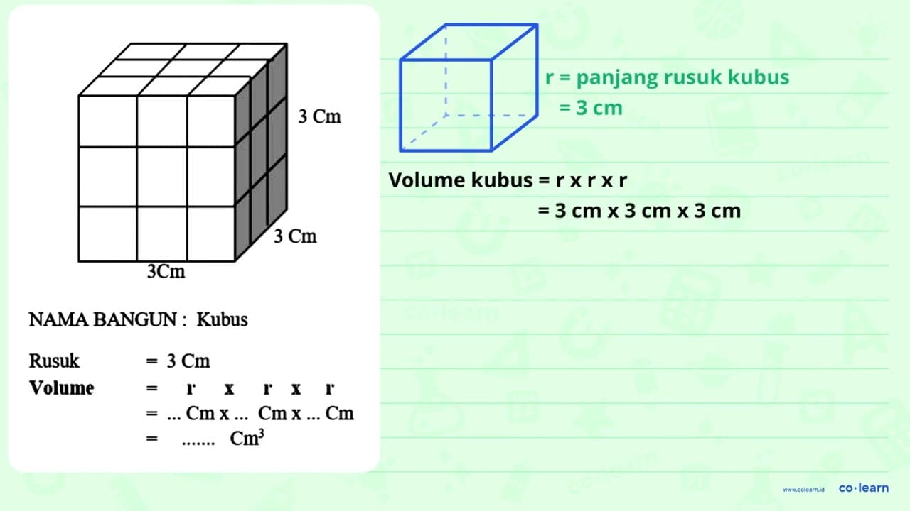 3 cm 3 cm 3 cm NAMA BANGUN : Kubus Rusuk = 3 cm Volume = r