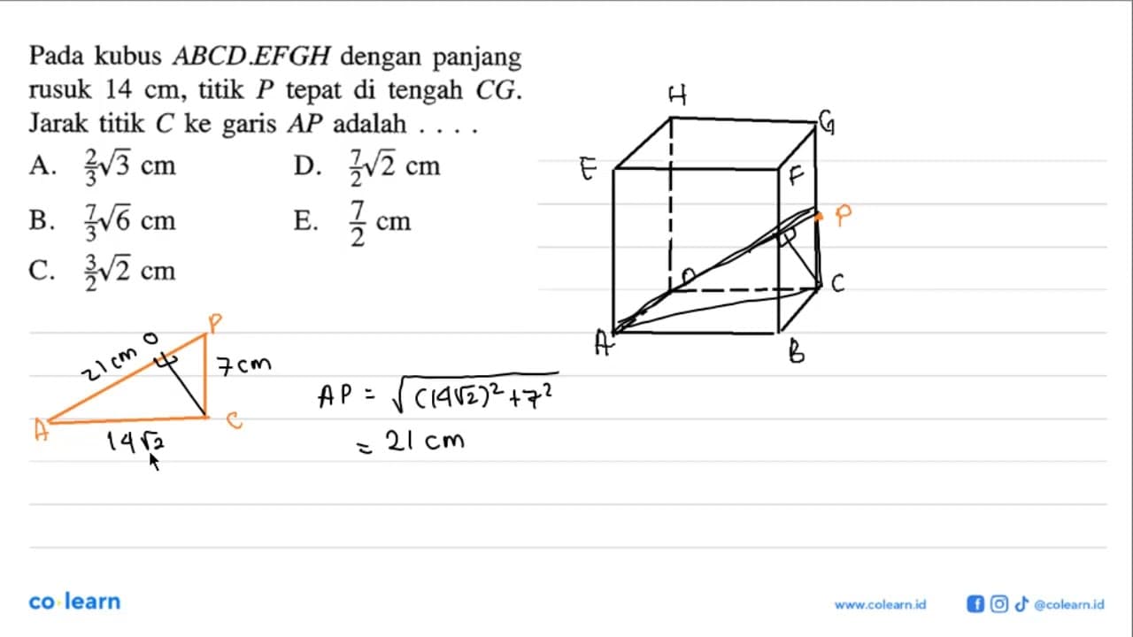 Pada kubus ABCD.EFGH dengan panjang rusuk 14 cm, titik P