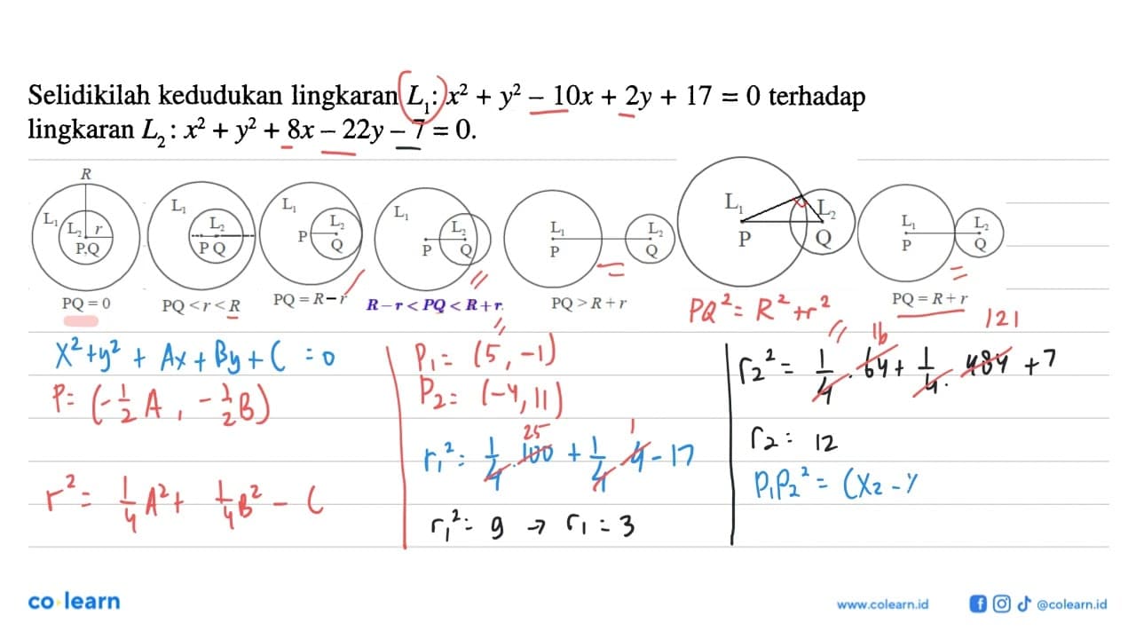 Selidikilah kedudukan lingkaran L1:x^2+y^2-10x+2y+17=0