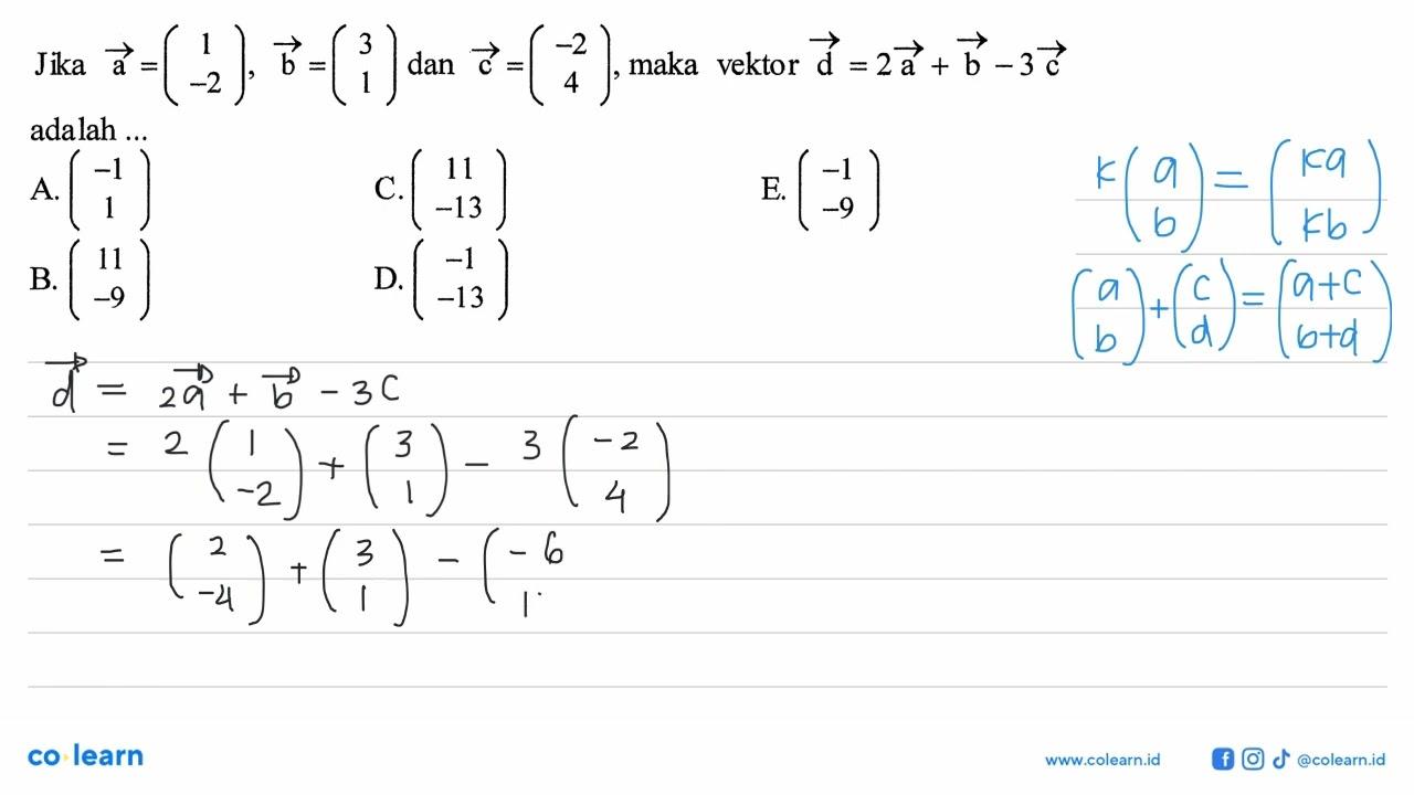 Jika vektor a=(1 -2), vektor b=(3 1) dan vektor c=(-2 4) ,