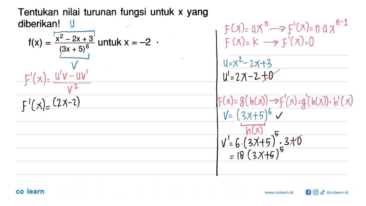 Tentukan nilai turunan fungsi untuk x yang