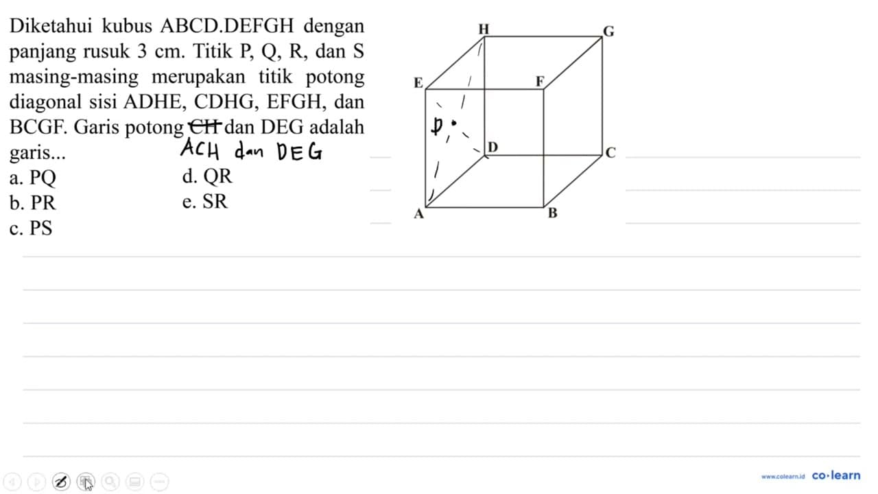 Diketahui kubus ABCD.DEFGH dengan panjang rusuk 3 cm .