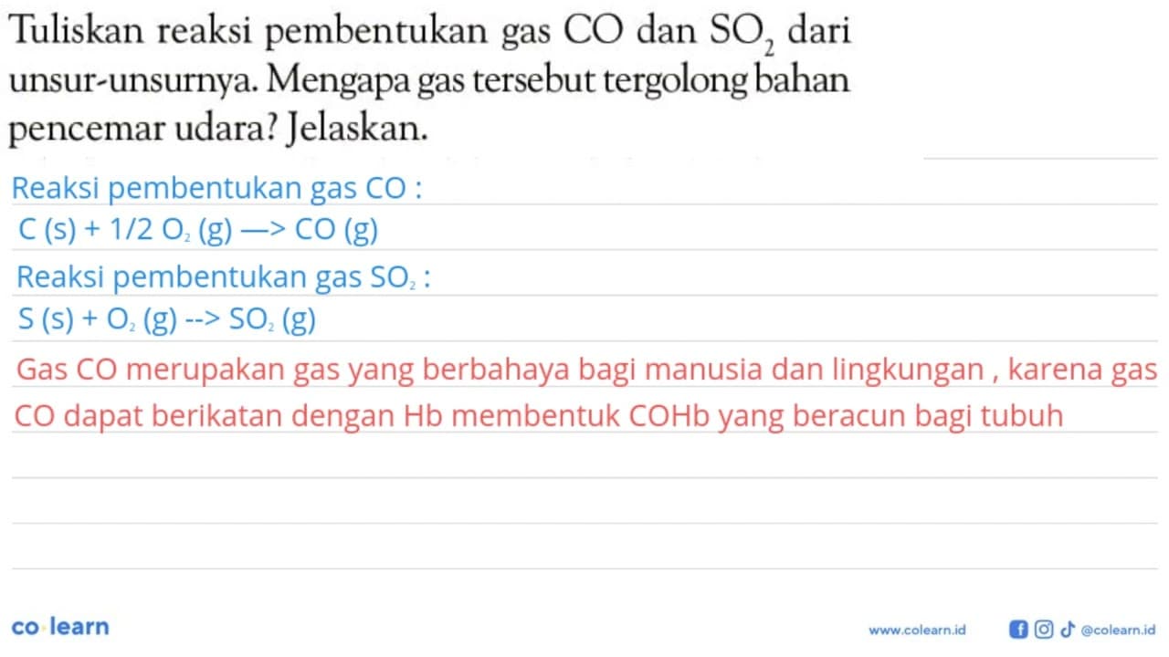 Tuliskan reaksi pembentukan gas CO dan SO2 dari